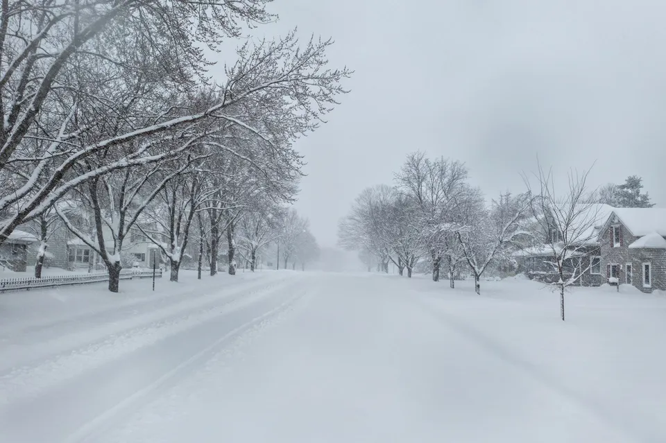 A serene snowy street in Wabasha, Minnesota, showcasing a peaceful winter landscape with snow-covered trees and homes.